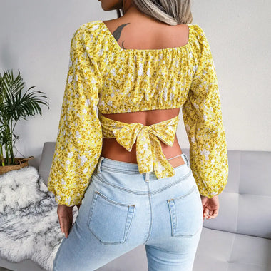Lantern Sleeve Bow Floral Chiffon Shirt Vacation Cropped Top Women Clothing - Quality Home Clothing| Beauty