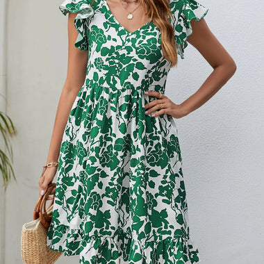 Summer Popular Leaf Printed Dress V Neck Ruffled Sleeve Casual Holiday Dress - Quality Home Clothing| Beauty