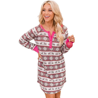Long Sleeve Loungewear Suit Women Autumn Christmas Printing round Neck Breasted Nightdress - Quality Home Clothing| Beauty