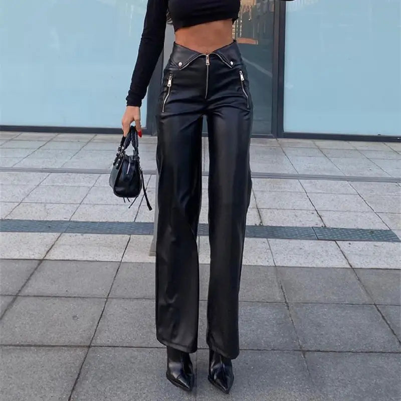 Fall Women High Waist Straight Loose Wide Leg Casual Pants Leather Pants