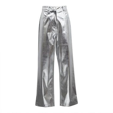 Metallic Coated Fabric Women Autumn Street High Waist Reflective Faux Leather Pants Women Trendy Pants - QH Clothing