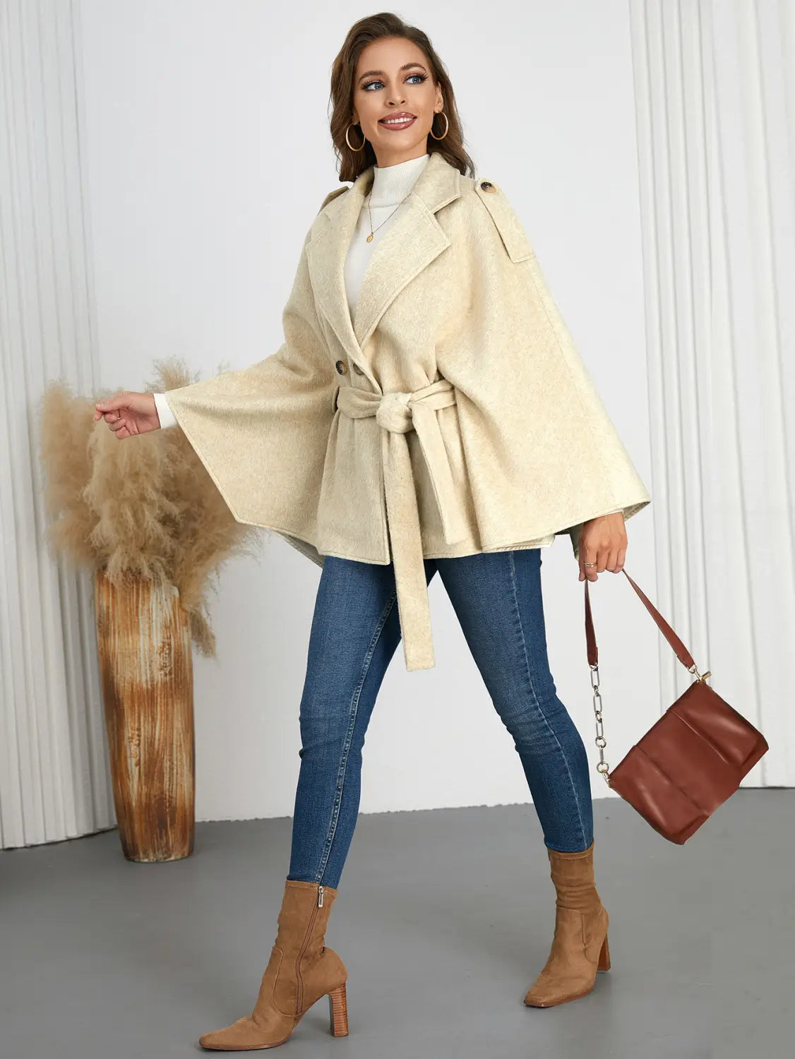 Winter Woolen Coat High Grade Collared Thin Strap Slim Fit Cloak Robe Jacket