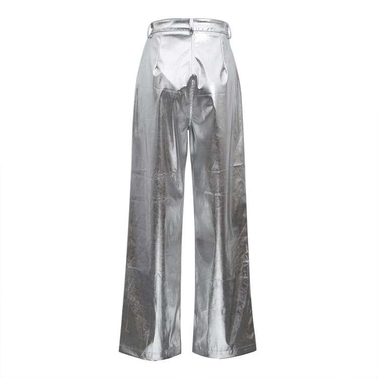 Metallic Coated Fabric Women Autumn Street High Waist Reflective Faux Leather Pants Women Trendy Pants