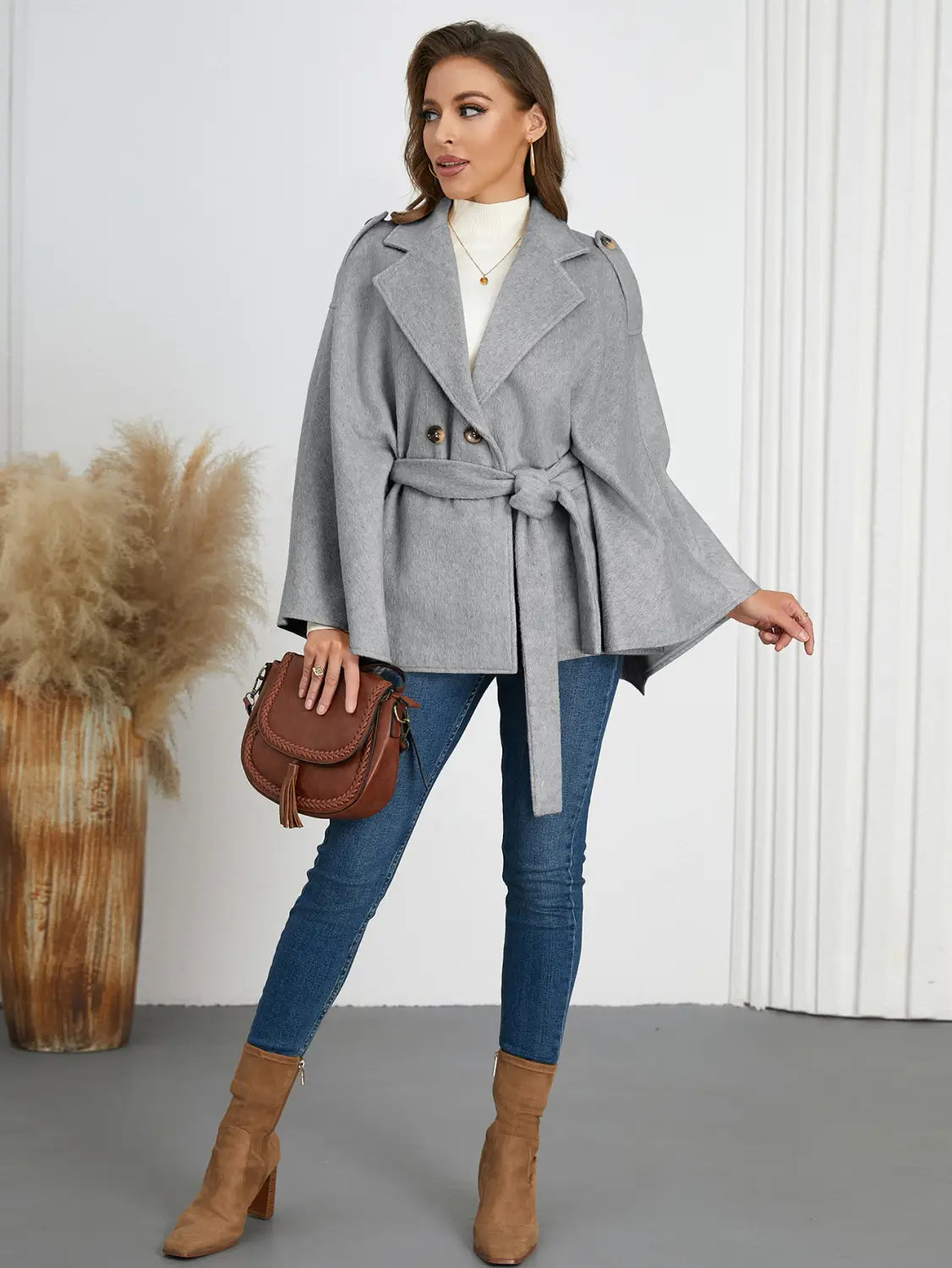 Winter Woolen Coat High Grade Collared Thin Strap Slim Fit Cloak Robe Jacket