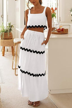Women Clothing Lace Collage Sleeveless Short Vest High Waist Long Skirt Set