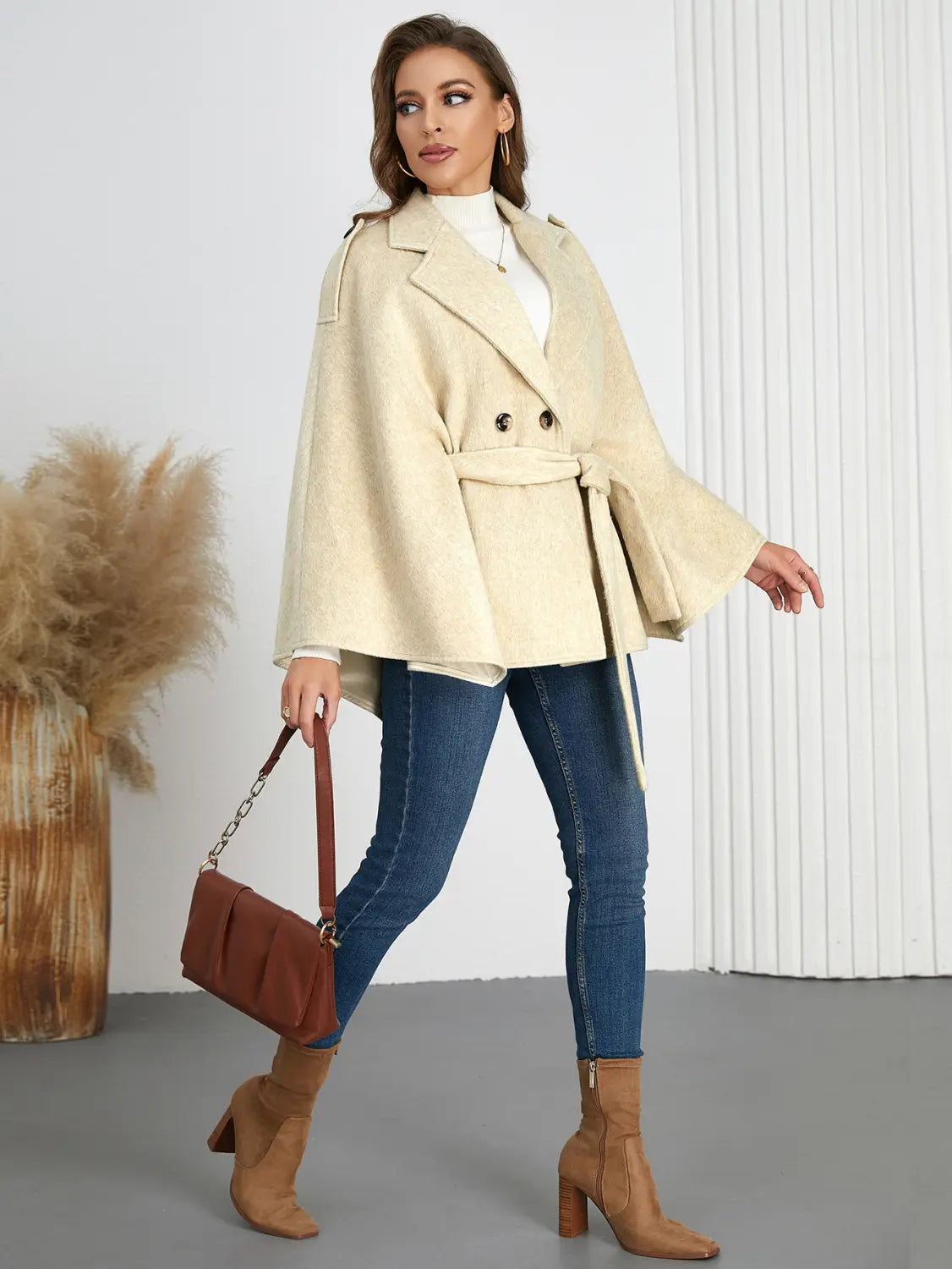 Winter Woolen Coat High Grade Collared Thin Strap Slim Fit Cloak Robe Jacket