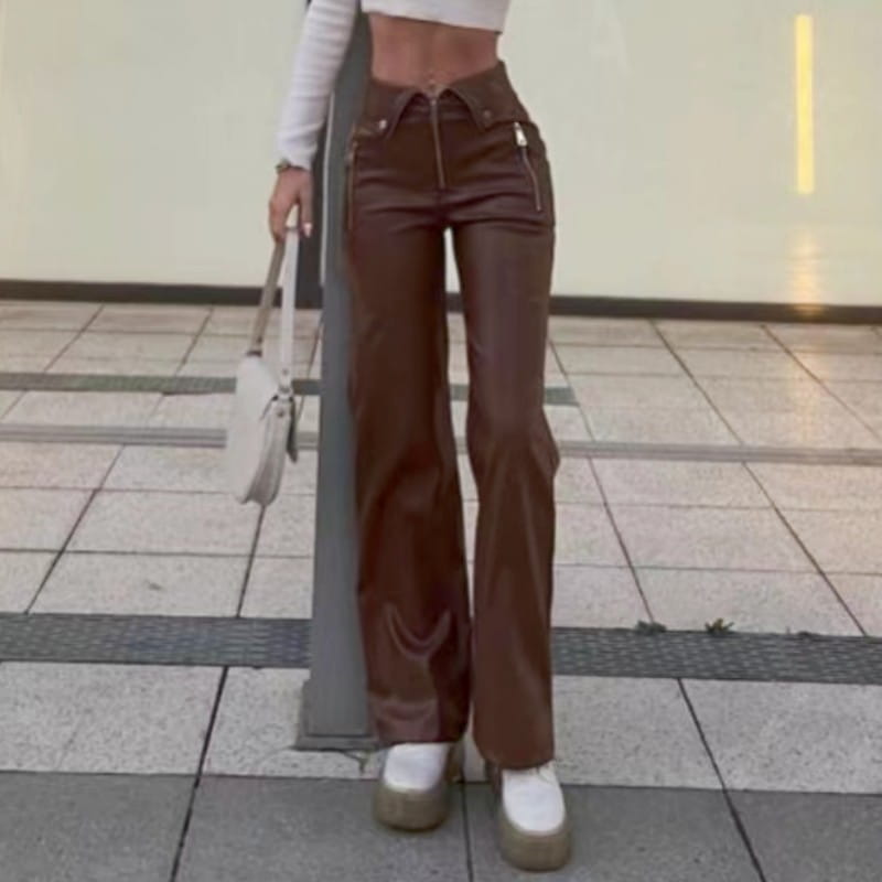 Fall Women High Waist Straight Loose Wide Leg Casual Pants Leather Pants