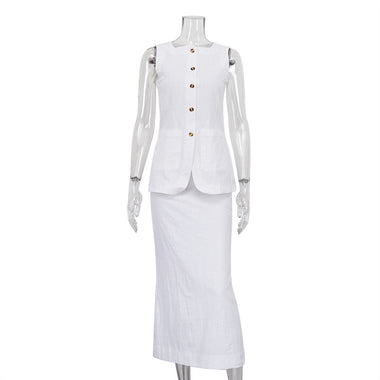 White Square Collar Sleeveless Vest High Waist Skirt High Sense Suit Women Clothing
