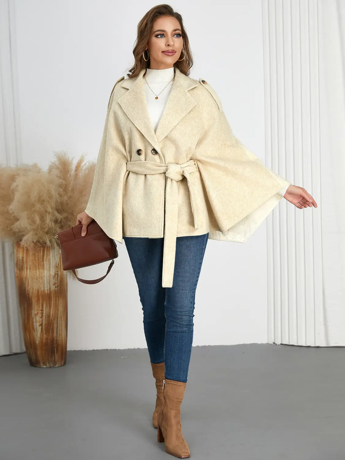 Winter Woolen Coat High Grade Collared Thin Strap Slim Fit Cloak Robe Jacket