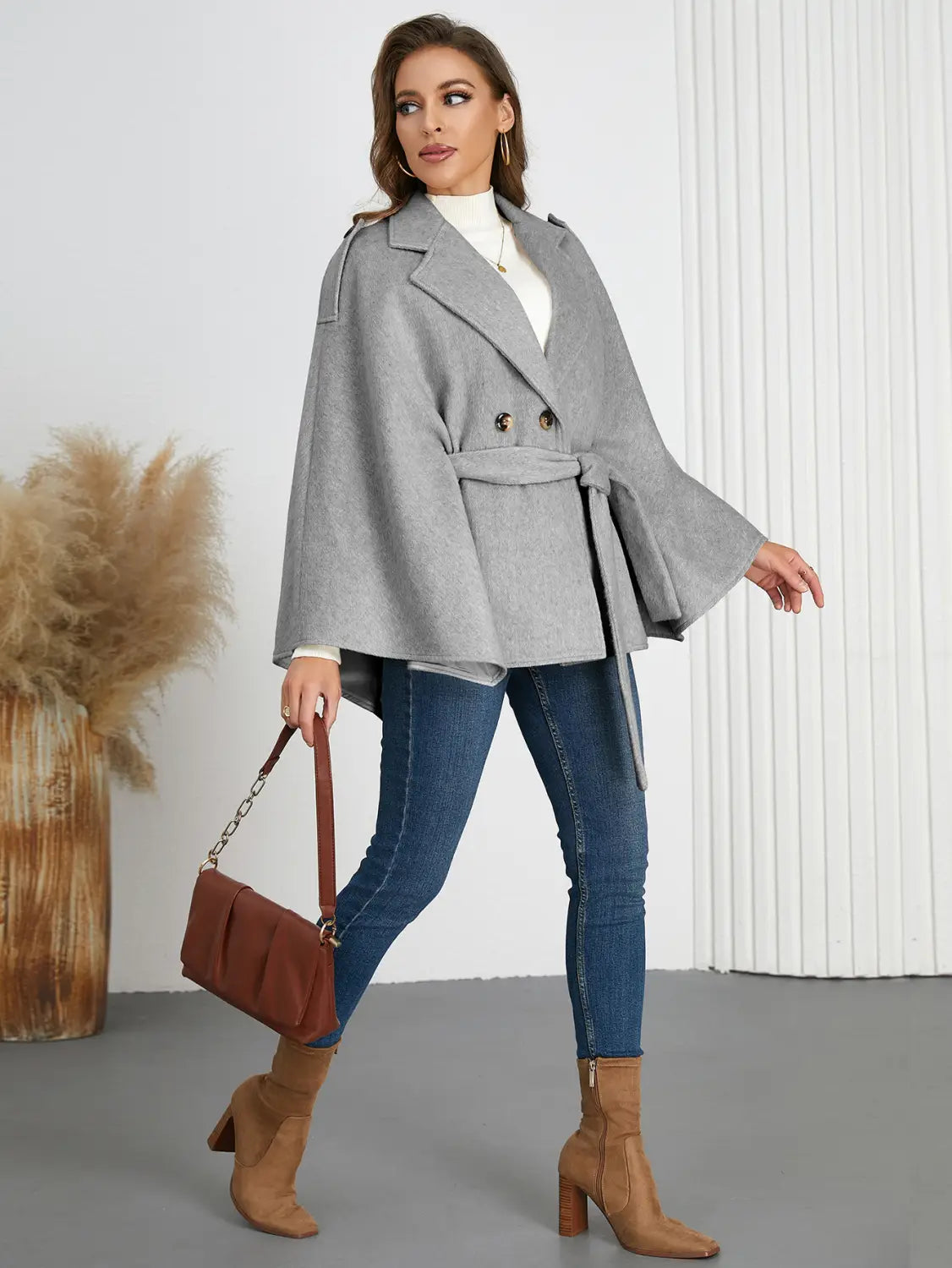 Winter Woolen Coat High Grade Collared Thin Strap Slim Fit Cloak Robe Jacket