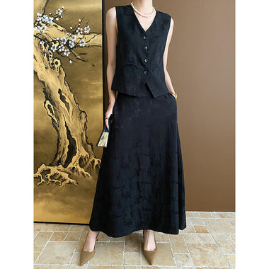 Chinese Elegant Jacquard Chinese Vest Skirt Two Piece Set Early Spring