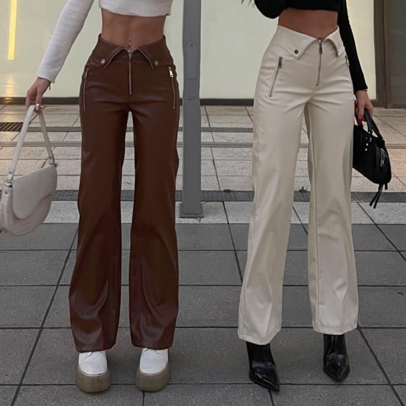 Fall Women High Waist Straight Loose Wide Leg Casual Pants Leather Pants