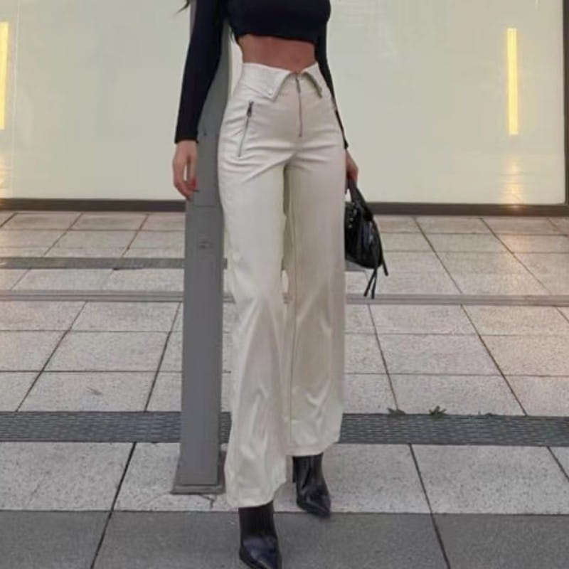 Fall Women High Waist Straight Loose Wide Leg Casual Pants Leather Pants