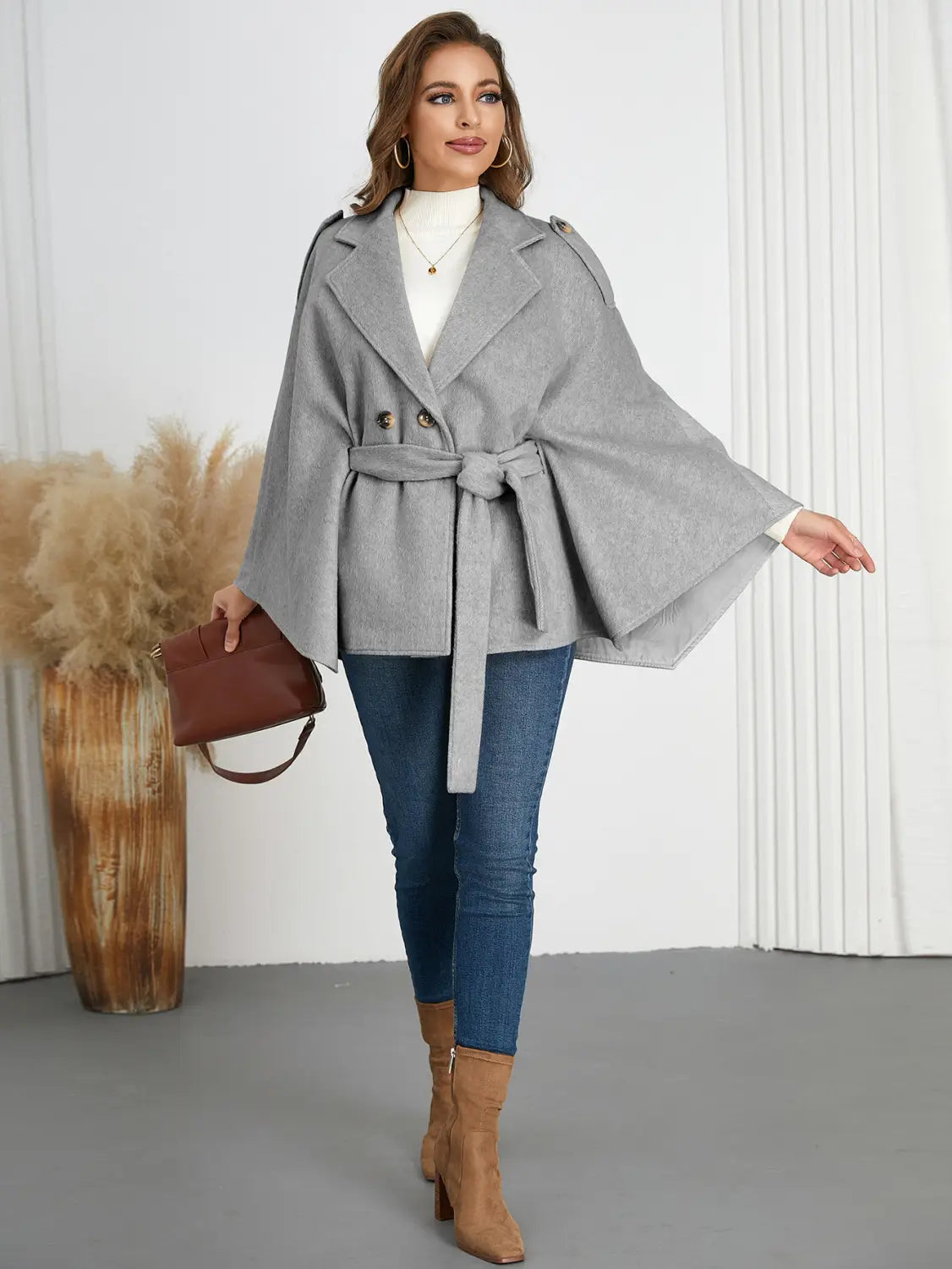 Winter Woolen Coat High Grade Collared Thin Strap Slim Fit Cloak Robe Jacket