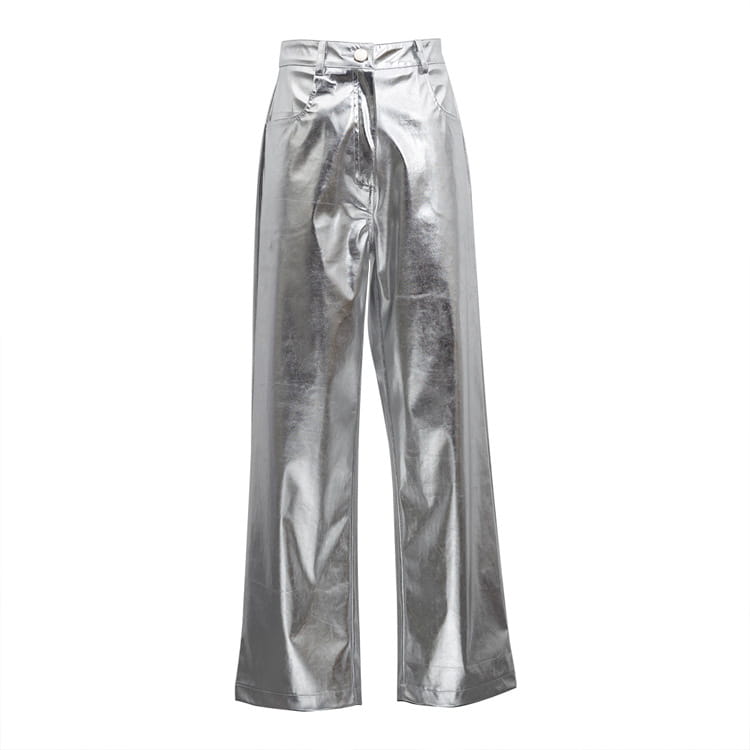 Metallic Coated Fabric Women Autumn Street High Waist Reflective Faux Leather Pants Women Trendy Pants