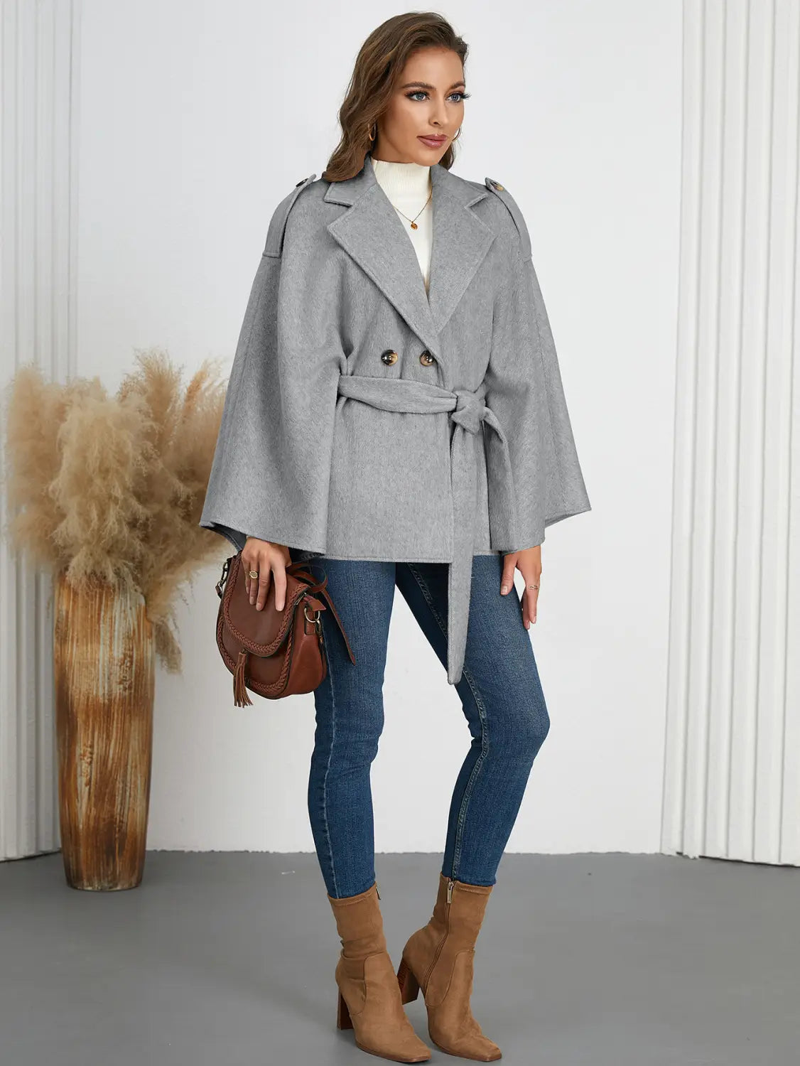 Winter Woolen Coat High Grade Collared Thin Strap Slim Fit Cloak Robe Jacket