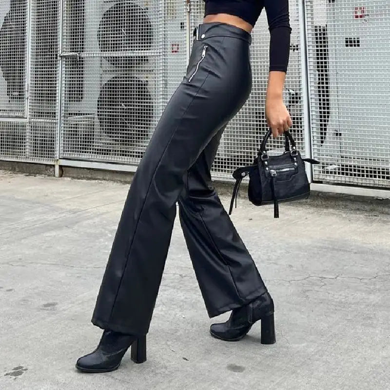 Fall Women High Waist Straight Loose Wide Leg Casual Pants Leather Pants