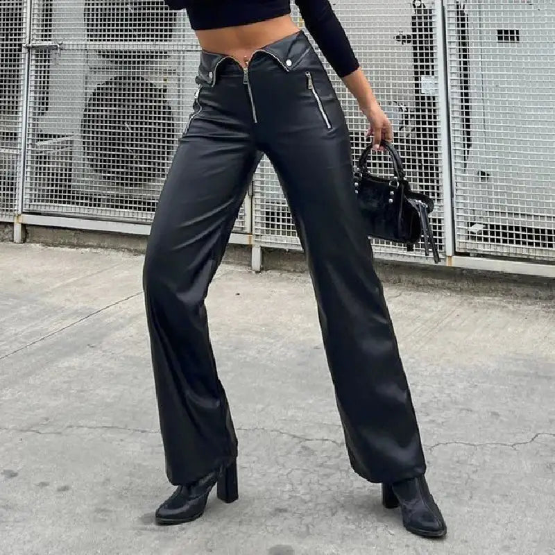 Fall Women High Waist Straight Loose Wide Leg Casual Pants Leather Pants