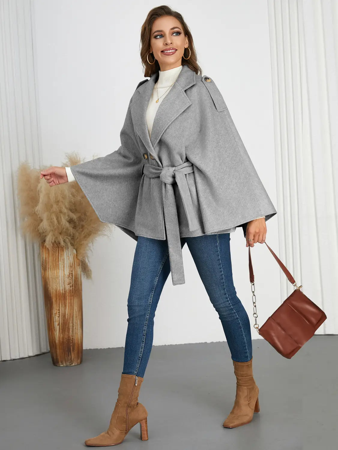 Winter Woolen Coat High Grade Collared Thin Strap Slim Fit Cloak Robe Jacket