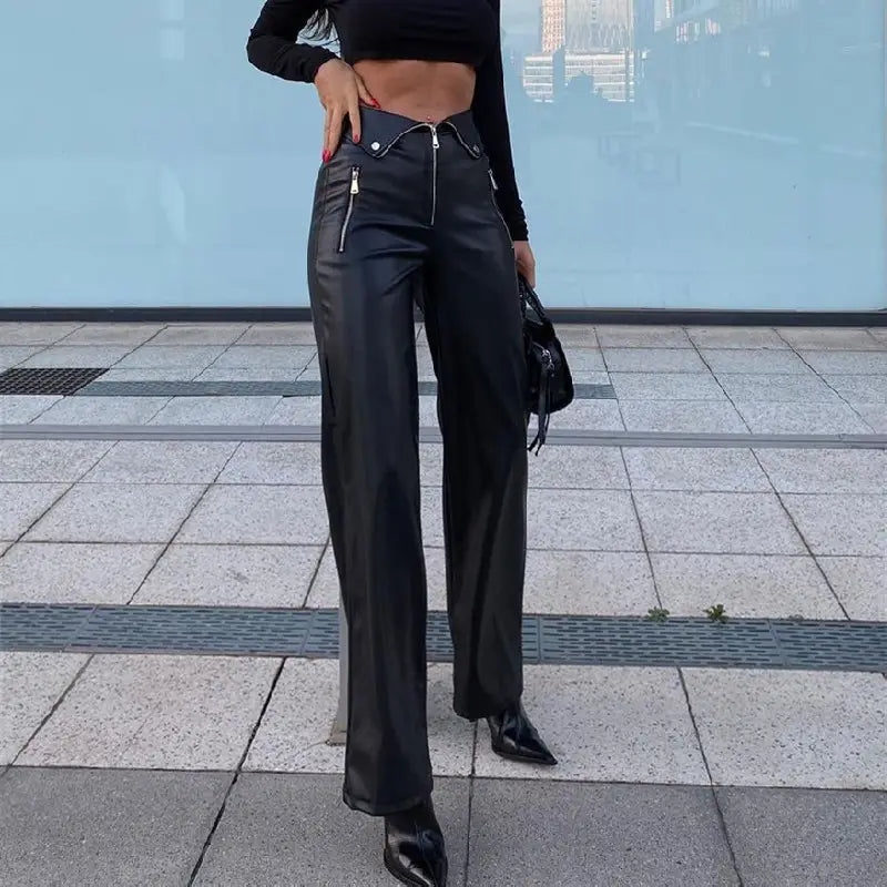 Fall Women High Waist Straight Loose Wide Leg Casual Pants Leather Pants