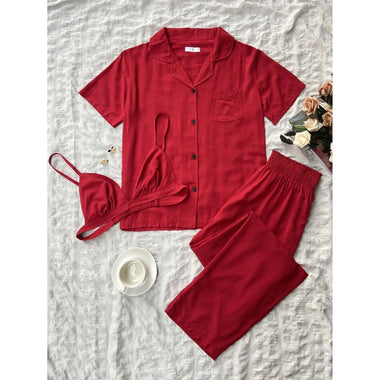 Pajamas Women Spring Autumn Short Sleeve Cardigan Homewear Three Piece Outer Wear - Quality Home Clothing| Beauty