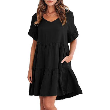 Women Summer Casual V Neck Little Girl Clothes Three Layer Pleated Dress - Quality Home Clothing| Beauty