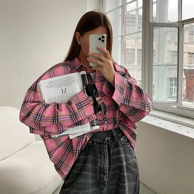Retro Classic Plaid Shirt Pink Plaid Top   Collared Loose Shirt - Quality Home Clothing| Beauty