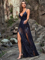 Sexy Deep V Plunge Sling Translucent Bare Back Lace Up Sequined Maxi Dress - Quality Home Clothing| Beauty