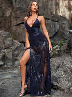 Sexy Deep V Plunge Sling Translucent Bare Back Lace Up Sequined Maxi Dress - Quality Home Clothing| Beauty