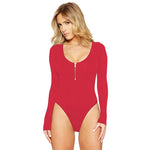 Solid Color Long Sleeve Open Crotch Tight Bodysuit  Sexy Zipper Bottoming Women Bodysuit Plus Size - Quality Home Clothing| Beauty