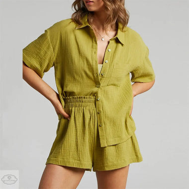 Solid Color Shirt Outfit Women  Casual Loose Short Sleeves Single Breasted Women  Clothing Spring Summer Shorts Two Piece Set - Quality Home Clothing| Beauty