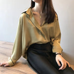 Spring Elegant Satin Shirt Women Long Sleeved Shirt Loose Solid Color Shirt - Quality Home Clothing| Beauty