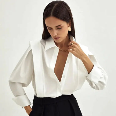 Spring New Right Angle Shoulder White Shirt Women Office Dignified Sense of Design Niche Long Sleeve Shirt - Quality Home Clothing| Beauty