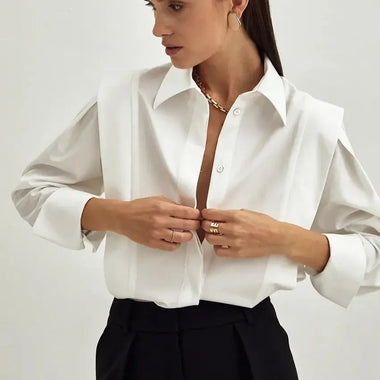 Spring New Right Angle Shoulder White Shirt Women Office Dignified Sense of Design Niche Long Sleeve Shirt - Quality Home Clothing| Beauty