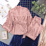 Spring Satin Long Sleeve Cardigan Lace up Nightgown Set Women  Home Loose Trousers Pajamas Set - Quality Home Clothing| Beauty