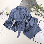 Spring Satin Long Sleeve Cardigan Lace up Nightgown Set Women  Home Loose Trousers Pajamas Set - Quality Home Clothing| Beauty