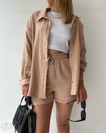 Spring Summer Casual Solid Color Shirt Shorts Two Piece Set Women - Quality Home Clothing| Beauty