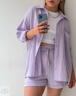 Spring Summer Casual Solid Color Shirt Shorts Two Piece Set Women - Quality Home Clothing| Beauty