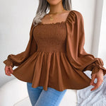 Spring Summer Casual Wooden Ear Square Collar Long Sleeve Chiffon Shirt Women Clothing - Quality Home Clothing| Beauty