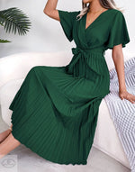 Spring Summer Elegant Criss Cross V-neck Swing Pleated Dress Women Clothing - Quality Home Clothing| Beauty