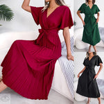 Spring Summer Elegant Criss Cross V-neck Swing Pleated Dress Women Clothing - Quality Home Clothing| Beauty