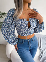 Spring Summer Sexy Stringy Selvedge Lace up Floral Chiffon Shirt Cropped Top Women Clothing - Quality Home Clothing| Beauty