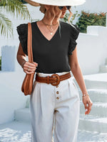 Spring Summer Solid Color V neck Casual Ruffle Sleeve Top Women - Quality Home Clothing| Beauty