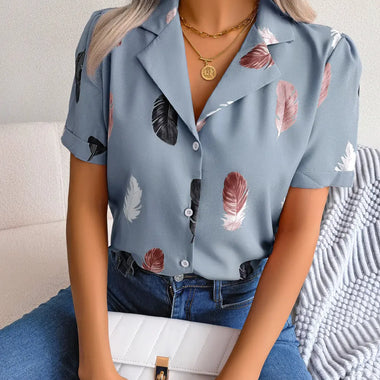 Summer Elegant Collar Feather Loose Short Sleeve Shirt Women Clothing - Quality Home Clothing| Beauty