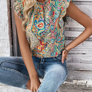 Summer Women  Retro Ethnic Printed Short Sleeved Top Butterfly Sleeve - Quality Home Clothing| Beauty