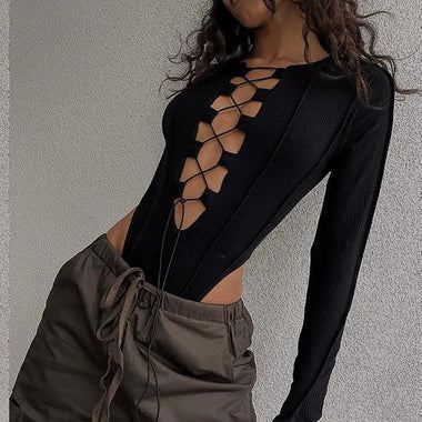 Summer Women Sexy Hollow Out Cutout Slim Solid Color Long Sleeved Jumpsuit - Quality Home Clothing| Beauty