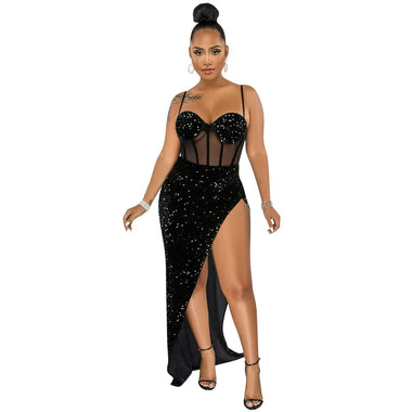 Suspenders Sequin Mesh See-through Irregular Asymmetric Slit Dress for Women - Quality Home Clothing| Beauty