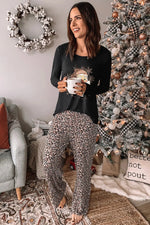 Winter Long Sleeve Loungewear Suit Women Santa Leopard Print Loose Home Two Piece Set - Quality Home Clothing| Beauty