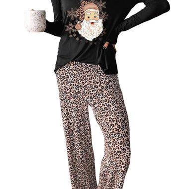 Winter Long Sleeve Loungewear Suit Women Santa Leopard Print Loose Home Two Piece Set - Quality Home Clothing| Beauty