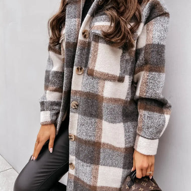 Women  New Fall Winter Long Sleeve Long Plaid Printed Shirt Woolen Jacket - Quality Home Clothing| Beauty